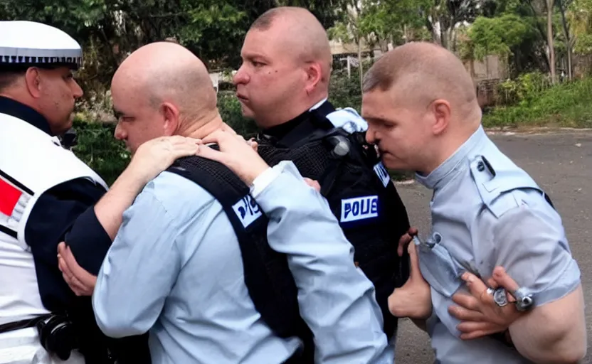 Prompt: photography of priest detained by police, flash shot, arrested and handcuffed