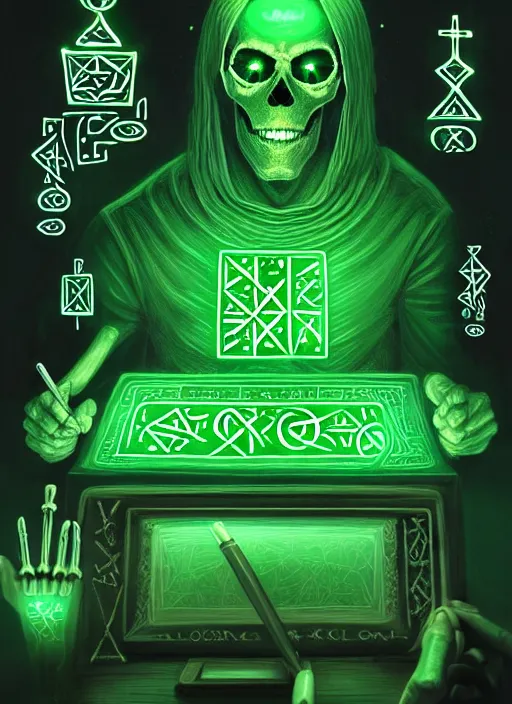 Prompt: portrait of ancient skeleton writing runes into personal computer with glowing green keys, runes, runic words, ancient evil letters, glowing green, intricate, elegant, glowing lights, highly detailed, digital painting, artstation, concept art, smooth, sharp focus, illustration, art by wlop, mars ravelo and greg rutkowski