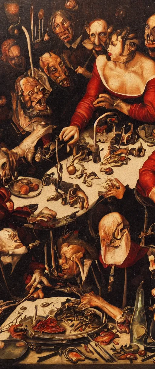 Image similar to renaissance close up studio shot oil painting of vampires at work dissecting a body for dinner