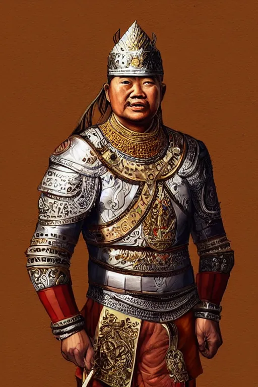 Image similar to full body portrait of king ramkhamhaeng the great, leather armor, tai ethnic group leader, emotional movement in the battle, highly detailed, digital painting, watercolor, artstation, concept art, smooth, sharp focus, illustration