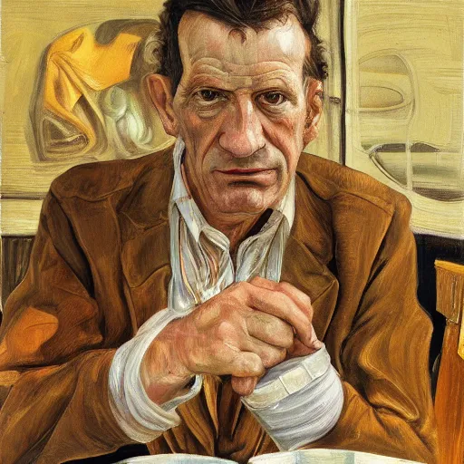 Image similar to high quality high detail painting by lucian freud, hd, portrait of coffeeshop owner