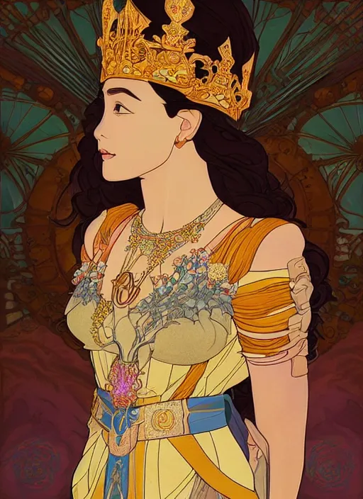 Image similar to well - lit art nouveau portrait of queen sirikrit of thailand, natural lighting, path traced, highly detailed, high quality, photorealistic, cartoon, digital painting, by don bluth and ross tran and studio ghibli and alphonse mucha