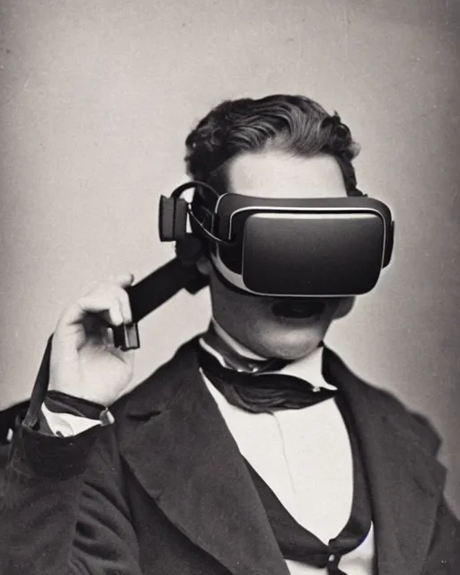 Image similar to 1 8 0 0 s photo of a person wearing a vr virtual reality headset