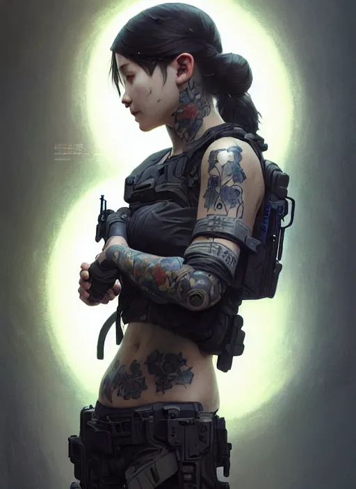 Image similar to girl covered with tattoos wearing tactical gear, intricate lights, bio luminescent, plasma, by ruan jia and artgerm and range murata and wlop and ross tran and william - adolphe bouguereau and beeple. key art. fantasy illustration. award winning, artstation, intricate details, realistic, hyperdetailed, 8 k resolution.