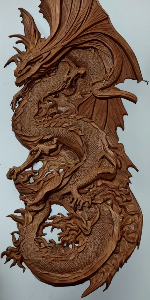 Prompt: Woodcarving of dragon with beautiful giant waves