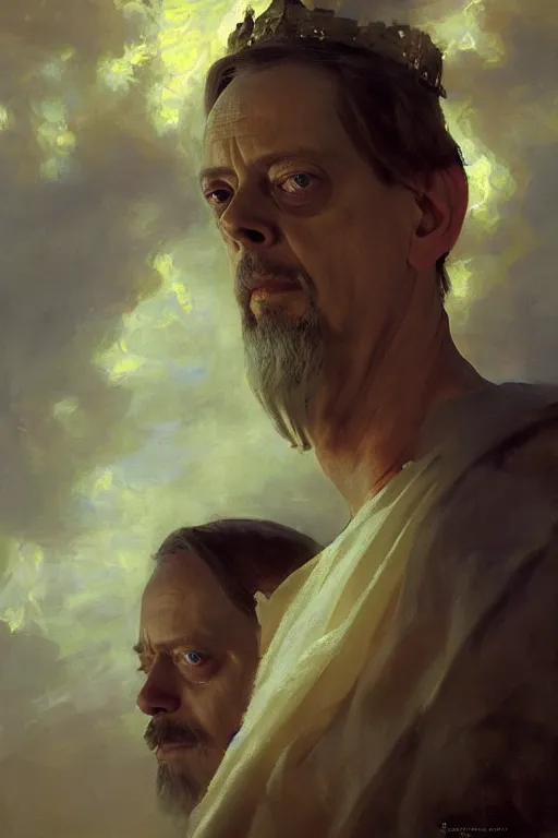 Image similar to beautiful impressionistic oil painting portrait of ancient roman god emperor steve buscemi ascending wearing the civic crown levitating in religious pose, art by anders zorn, wonderful masterpiece by greg rutkowski, expressive brush strokes, beautiful cinematic light, american romanticism by greg manchess, jessica rossier