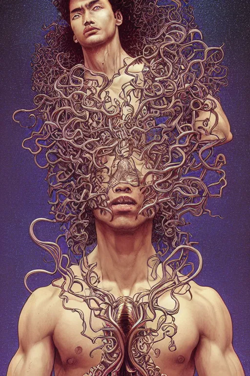 Prompt: a young mexican man with curly hair, by artgerm and yoshitaka amano and moebius and hr giger and zdislaw beksinski and alphonse mucha, hyperdetailed, symmetry, glamour, surreal, dc comics, ornate, stunning, nebula, explosions in the sky, trending on artstation