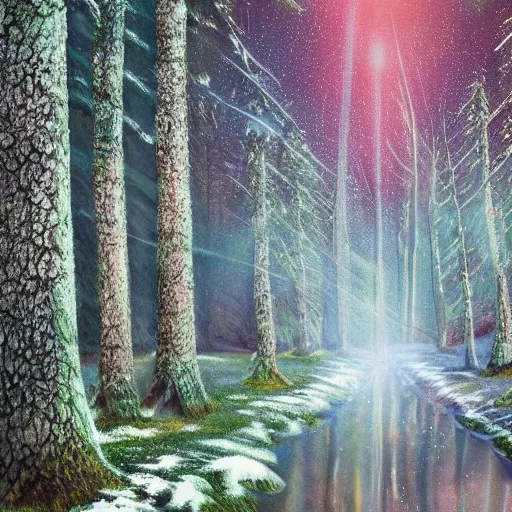 Image similar to bright nordic forest, sparkling spirits, detailed wide shot, crayon, ground detailed, wet eyes reflecting into eyes reflecting into infinity, beautiful lighting