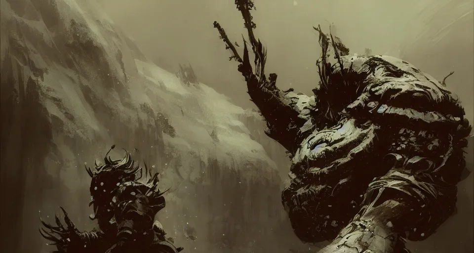 Prompt: snow giant, intricate, elegant, highly detailed, john park, frazetta, sparth, ruan jia, jeffrey catherine jones