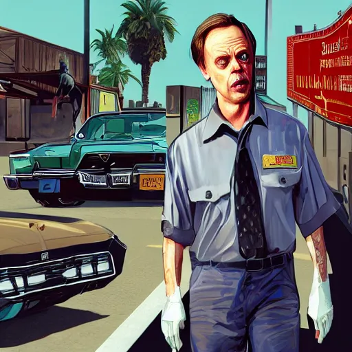 Image similar to steve buscemi in gta v, cover art by stephen bliss, artstation, no text