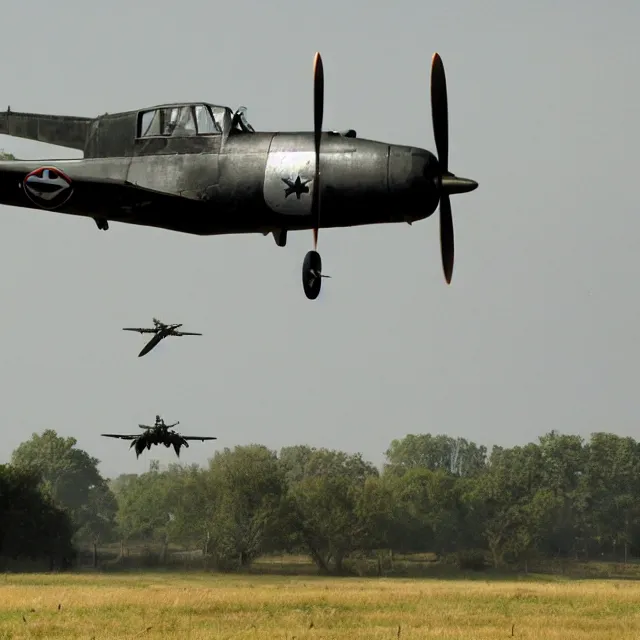 Prompt: world war 2 plane flies over battlefield
