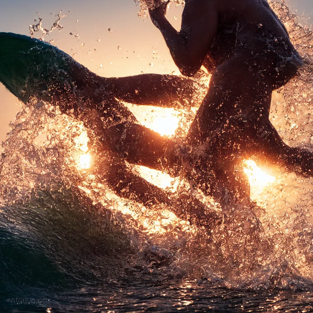 Image similar to a closeup photorealistic photograph of glistering sweaty skin face in the surf during sunset. professional capture, well lit shot. this 4 k hd image is trending on artstation, featured on behance, well - rendered, extra crisp, features intricate detail, epic composition and the style of unreal engine.