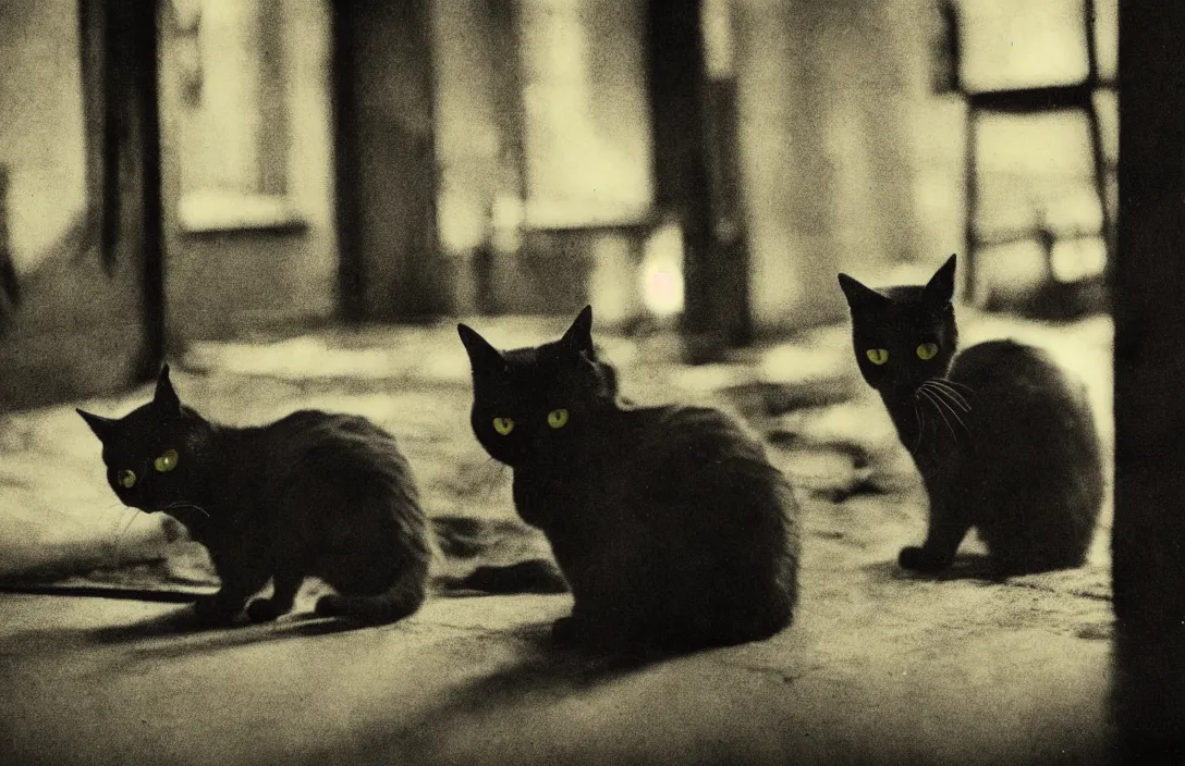 Prompt: wanders in disconsolate disarray half - eaten cat a romantic approach gun camera footage intact flawless ambrotype from 4 k criterion collection remastered cinematography gory horror film, ominous lighting, evil theme wow photo realistic postprocessing 8 k hyper real photo imax rectilinear lens pieter s aenredam