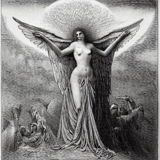 Prompt: fever dream of the angel of plenty, an engraving by gustave dore