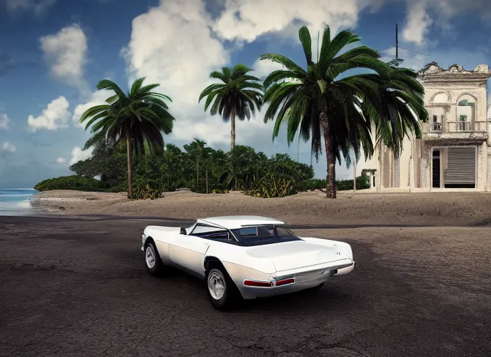 Image similar to hyperrealism, detailed textures, photorealistic 3 d render, a dreamy beach in cuba, a 1 9 9 0 coervette stingray with a blazing pearl white colour scheme, mickey thompson tires, centrerline rims, sharp focus, ultra realistic, ultra high pixel detail, cinematic, intricate, cinematic light, concept art, illustration, art station, unreal engine 8 k