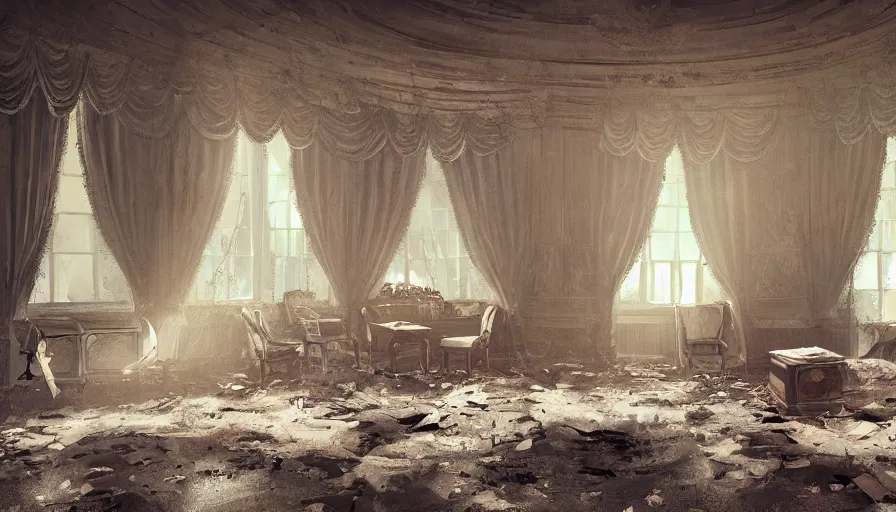 Image similar to abandoned oval office with broken windows covered by cobwebs, destroyed furnitures, dusty floor, old torn curtains, lights through windows, hyperdetailed, artstation, cgsociety, 8 k