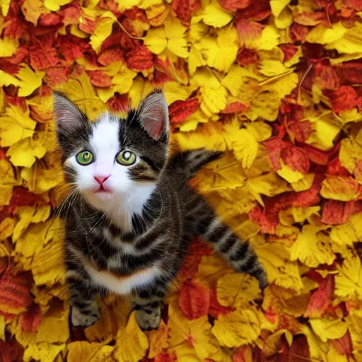 Image similar to anthropomorphic cute kitten wearing a yellow raincoat and yellow boots getting on the school bus on the first day of kindergarten, with colorful fall leaves and light rain, by Wes Anderson