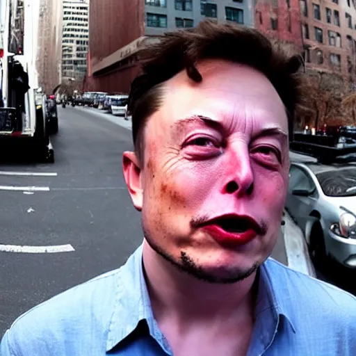 Image similar to bodycam footage of a homeless elon musk going crazy and scamming people, new york streets, wide angle, fisheye, uhd, 4 8 0 p, bodycam, paparazzi, bad quality, pov