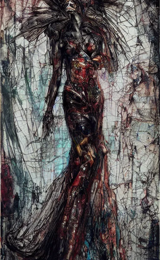 Image similar to woman wearing gown made of mech mask rendered in unreal engine, cyberpunk, rave, scifi, painted by albrecht durer | bernard buffet | carne griffiths | wlop