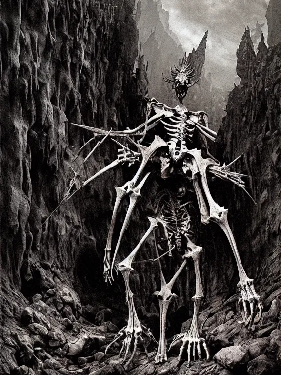 Prompt: A spiked horned skeleton with armored joints stands in a large cave. Massive bones on the shoulders. Extremely high detail, realistic, fantasy art, solo, masterpiece, bones, ripped flesh, art by Zdzisław Beksiński, Arthur Rackham, Dariusz Zawadzki
