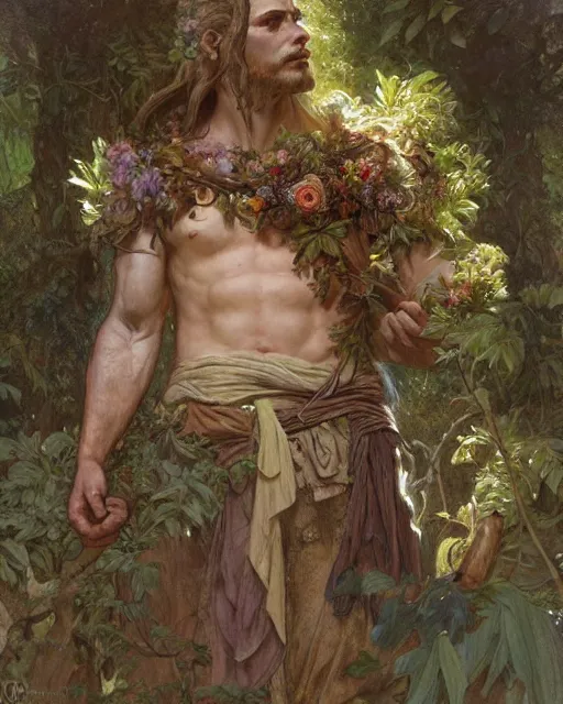 Image similar to god of the forest, 3 0 years old, rugged, male, gorgeous, detailed face, amazing, thighs, flowers, muscular, intricate, highly detailed, digital painting, artstation, concept art, sharp focus, illustration, art by gaston bussiere greg rutkowski alphonse mucha