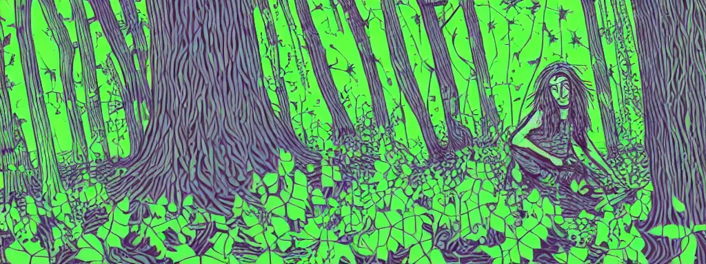 Image similar to a grunge technogaianist long-haired blonde digital musician playing modular synthesizer in the forest, technology and nature swirling in harmony, plugging vines into the synthesizer, trees swaying to the beat, postmodern surrealist concert poster, grainy, hand drawn matte painting by Tara McPherson and Gary Houston, smooth, sharp focus, extremely detailed, 50mm.