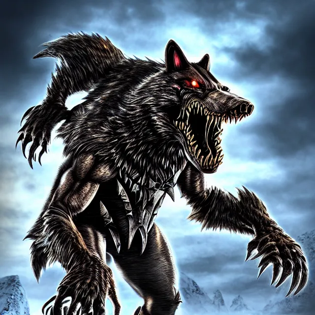 Prompt: armoured werewolf warrior, 4 k, hdr, smooth, sharp focus, high resolution, award - winning photo, anne stokes, photorealistic