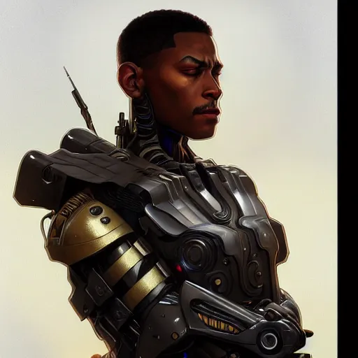 Image similar to ultra realistic illustration, a african american male cyborg soldier, intricate, elegant, highly detailed, digital painting, artstation, concept art, smooth, sharp focus, illustration, art by artgerm and greg rutkowski and alphonse mucha