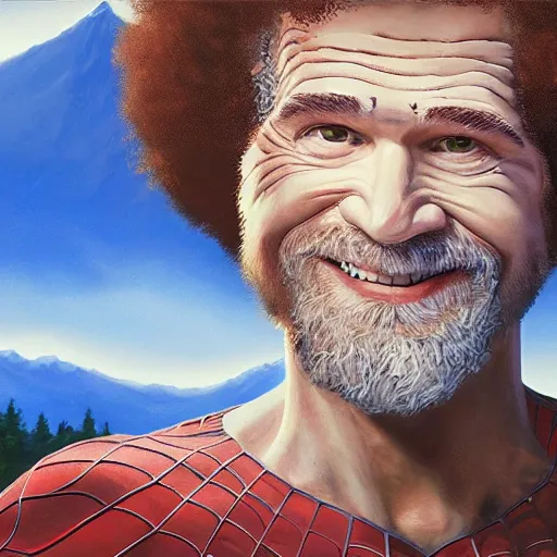 Image similar to a closeup photorealistic photograph of bob ross working on a canvas painting of spiderman. film still. brightly lit scene. mountains and trees. this 4 k hd image is trending on artstation, featured on behance, well - rendered, extra crisp, features intricate detail, epic composition and the style of unreal engine.