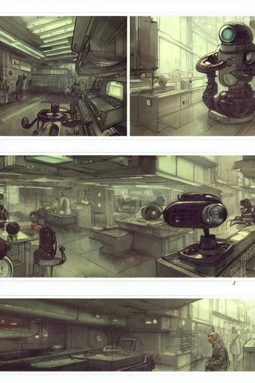 Prompt: graphic novel page layout ( ( ( ( ( 1 9 5 0 s retro future robot lab interior. muted colors. ) ) ) ) ) by jean - baptiste monge!!!!!!!!!!!!!!!!!!!!!!!!!!!!!!