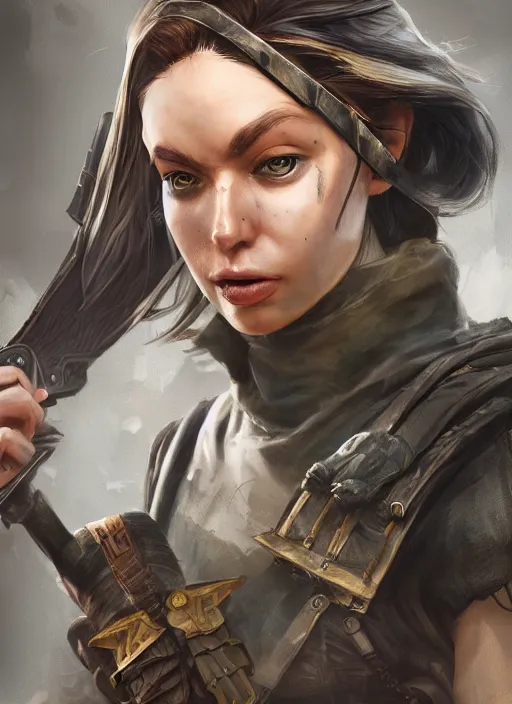 Prompt: A fantasy comic book style portrait painting of a female ranger in a grim post apocalyptic setting, unreal 5, DAZ, hyperrealistic, octane render, RPG portrait, dynamic lighting