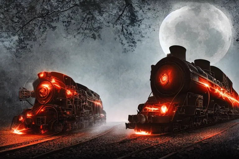 Image similar to devil train fiery black smoke locomotive blazing throguh dark forest, eerie moon eclipse, hyper realistic, ambient lighting, concept art, intricate, hyper detailed, smooth, dynamic volumetric lighting, octane, raytrace, cinematic, high quality, high resolution, 4 k, cgsociety, rutkowski, gurney