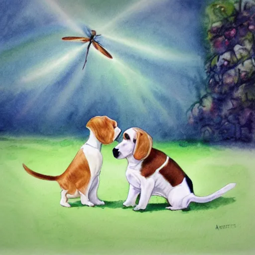 Image similar to water color painting of a white and caramel beagle dog playing with dragonfly in a backyard, harsh lighting, detailed, trending on artstation, dull pastel colors, bright, god rays, dreamy, trending on artstation