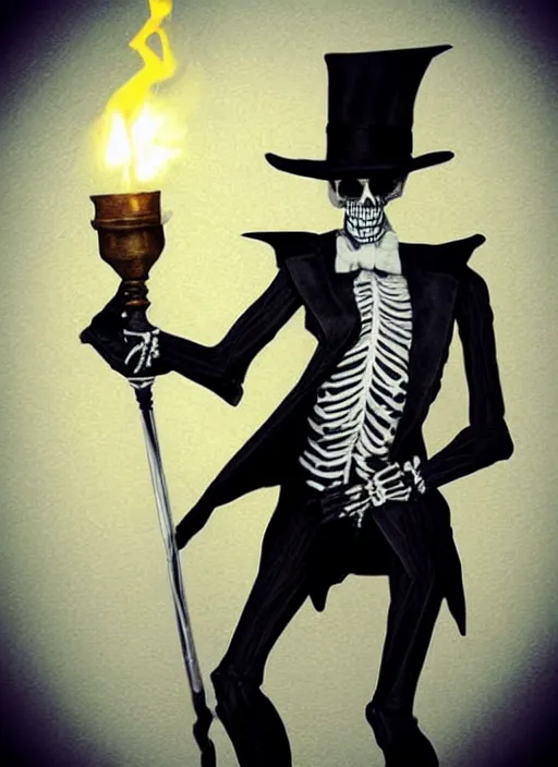 Image similar to DND character concept, skeletal male figure, wearing a deep black suit!!! and tie and top hat, holding a gold! cane!. Surrounded by light blue!!! flames!!