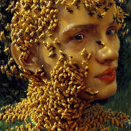 Image similar to a sculpture portrait made of bees and honey and flowers and plants, painting part by wojciech siudmak, part by ilya repin, part by max ernst, part by norman rockwell, artstation