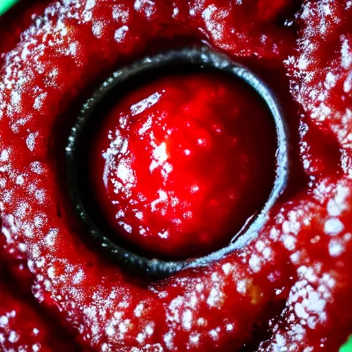 Image similar to close - up shot of a lemon covered in strawberry jam, macro lens, depth of field