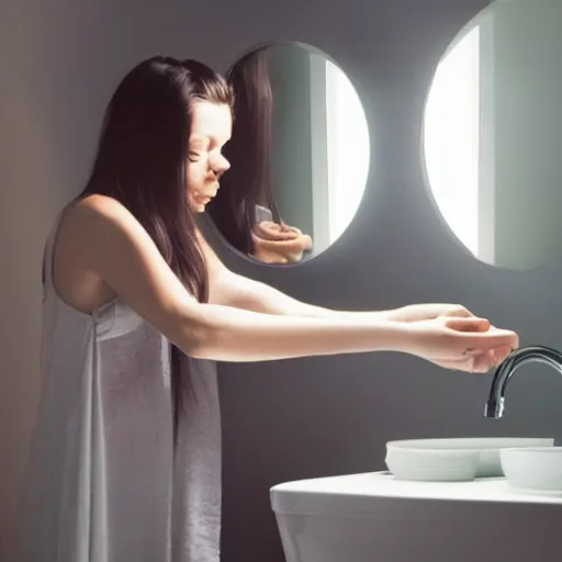 Prompt: realistic photograph of a girl facing the mirror while holding a bathroom sink with both hands in a dark room