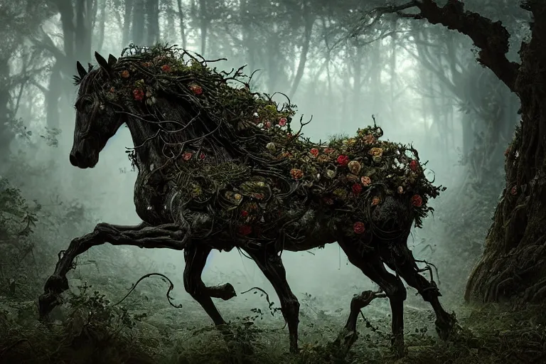 Prompt: a stunning horse made of gnarled wood with a thick mane of bioluminescent vines and flowers running through the woods by greg rutkowski, high key lighting, volumetric light, digital art, highly detailed, fine detail, intricate, ornate, complex, octane render, unreal engine, photorealistic