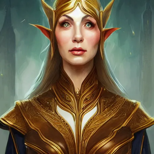 Image similar to elven noblewoman, arrogant, D&D, fantasy, portrait, highly detailed, digital painting, artstation, concept art, sharp focus, illustration, art by artgerm and greg rutkowski and magali villeneuve, red white and gold color scheme