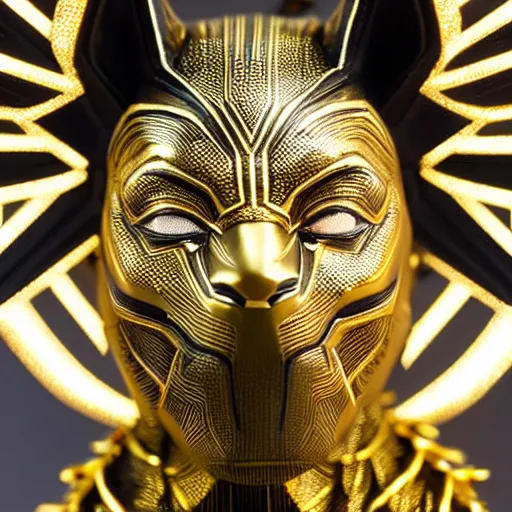 Image similar to a close up photo of a detailed golden statue of Black Panther, 8K,