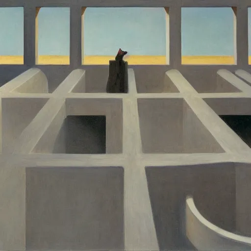 Image similar to first person view of a stark concrete maze, robot prairie dogs, grant wood, pj crook, edward hopper, oil on canvas