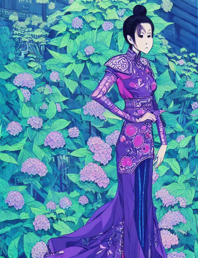 Image similar to southeast asian princess of the hydrangea mountains, wearing a lovely dress with cyberpunk elements. this gouache painting by the award - winning mangaka has an interesting color scheme, plenty of details and impeccable lighting.