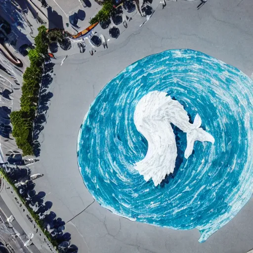 Image similar to A white and blue marble sculpture of The Great Wave off Kanagawa in the middle of an Italian piazza, midday, 4k photograph, sunny day, long shot, overhead view, far away