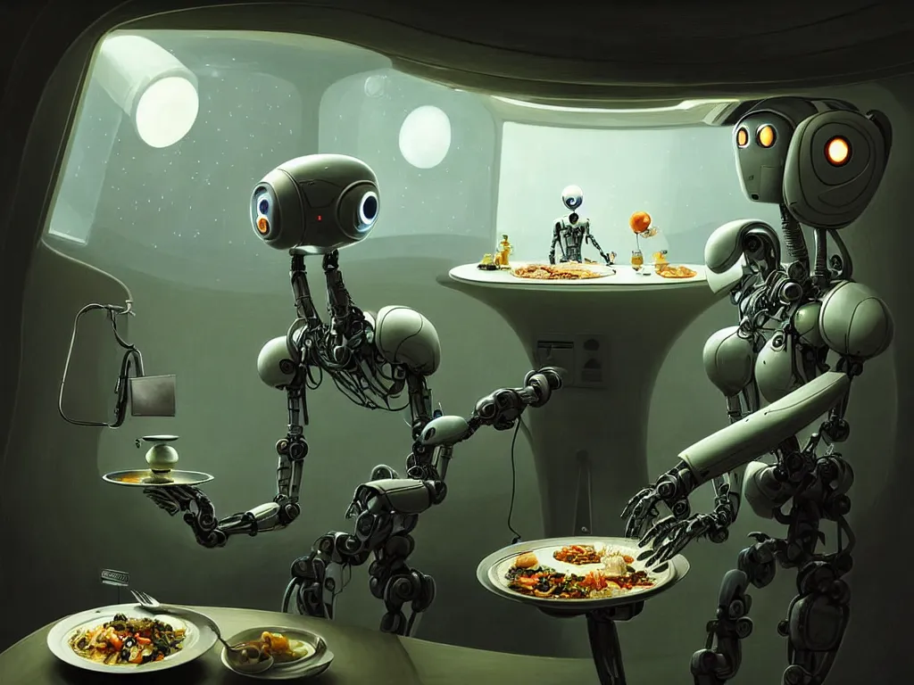 Image similar to gediminas pranckevicius a cinematic wide - angle photograph of an androgynoid robot serving meal to human crew members inside of an inter - galactic spaceship, beautiful lighting, high depth, ultra realistic, coherent composition by john harris and jim burns