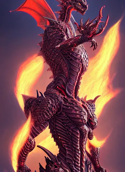 Image similar to muscular and tall ghostly fire humanoid dragon!!!! draconian!! intricate ornate iridescent heavy armor!! character concept art, sharp focus, octane render! unreal engine 5! highly rendered!! trending on artstation!! detailed linework!! illustration by artgerm, wlop, and chie yoshii