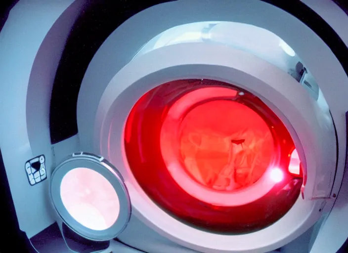 Prompt: film still of HAL from 2001 A Space Odyssey as a washing machine with a glowing red light inside it