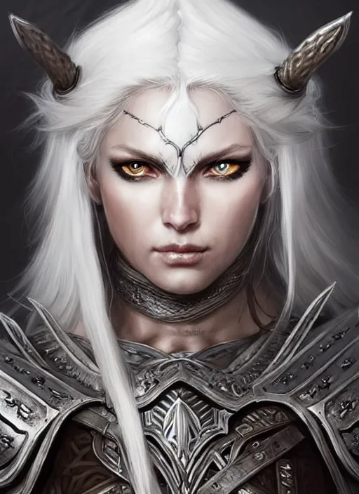 Image similar to barbarian, plated armor!!! long wild white hair!! fantasy, d & d, intricate ornate details, digital painting, beautiful eyes!, pretty face!!, symmetry, concept art, sharp focus, illustration, art by artgerm! greg rutkowski magali villeneuve wlop! ilya kuvshinov!!, octane render