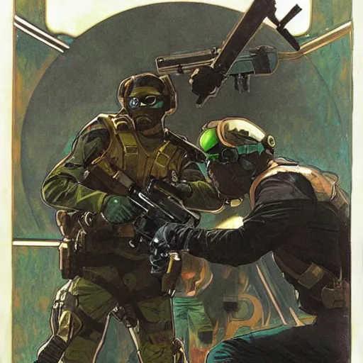 Prompt: Sam Fisher blackops operator choking out a guard. rb6s, MGS, and splinter cell Concept art by James Gurney, Alphonso Mucha. Vivid color scheme.