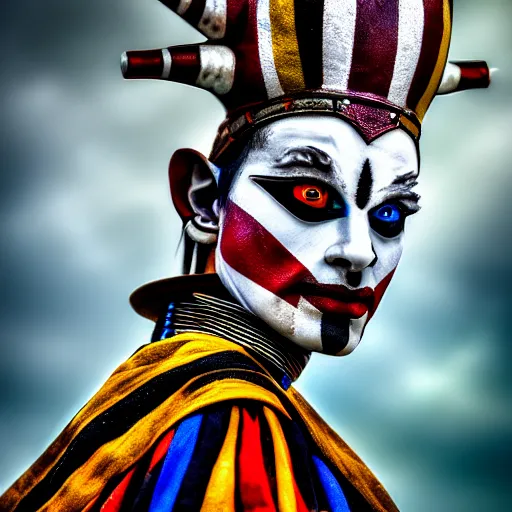 Image similar to photo of a beautiful harlequin warrior, highly detailed, 4k, HDR,