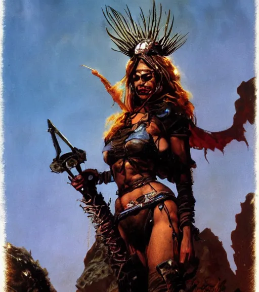 Image similar to mighty princess of the wasteland, scrap metal headdress, strong line, deep color, cloudy sky, beautiful! coherent! by brom, by frank frazetta, low angle